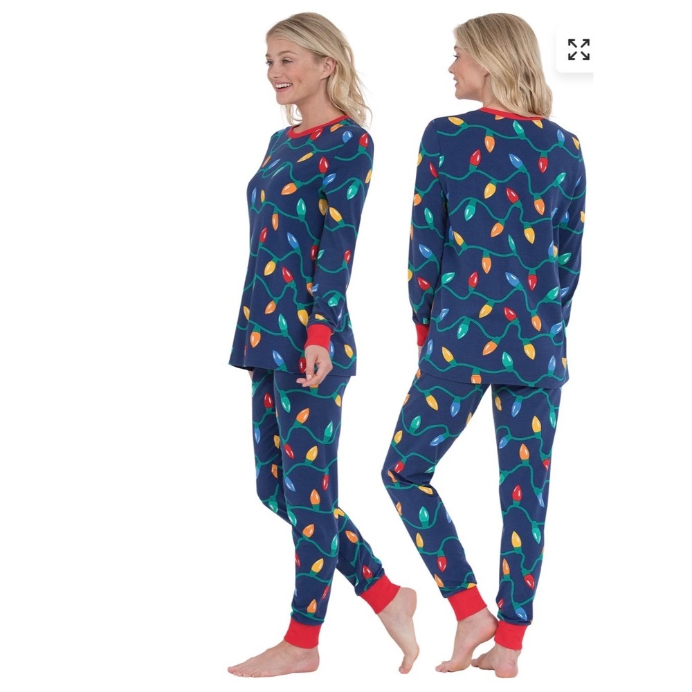 Pajamagram Womens Christmas Lights Pajama Set Navy Blue Red Medium Holiday PJs